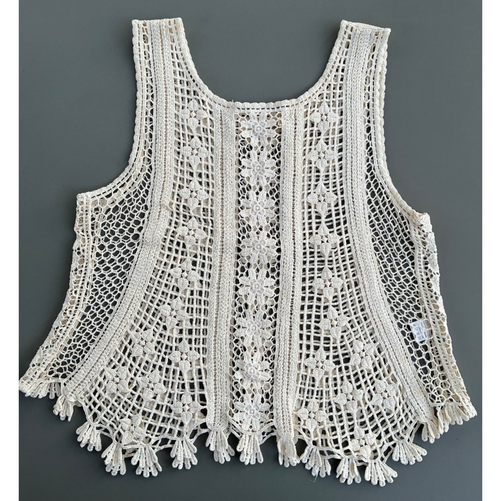 Origami Crochet Tank Top Womens Medium Cream Cotton Floral Boho Tassel Fringe